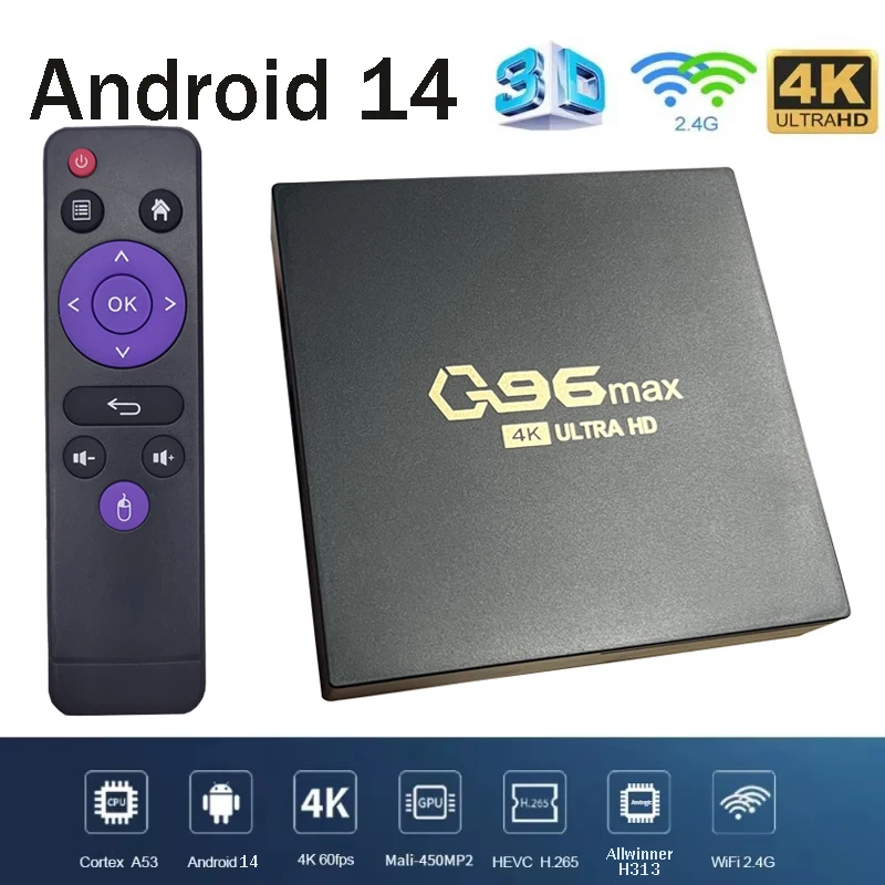 Boîtier Smart TV Q96 Max, Android 14, Allwinner H313, 4G, Façades, Core 64 bits, 4K, 3D, UHD, 8 Go, 128 Go, Lecteur MultiXXL, H. 265, IPTV, Nouveau